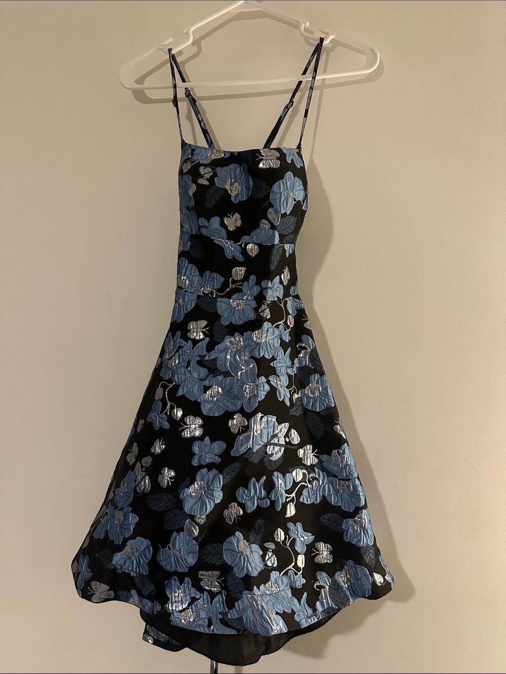 B Darlin Black Midi Dress with Blue Floral Jacquard